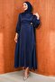 Navy Blue Satin Evening Dress with Bronchial Detail - 3