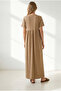 Women's Camel Asymmetrical Front Stitched Long Bell Cotton Dress Elb-19002446 - 5
