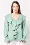 Women V-Neck Long Sleeve Solid Blouse, Sage Green