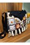 Denim Fabric Bag with Patterned Figures in Navy Blue - 3