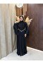 Liva Stone Detailed Draped Evening Dress |   Black - 2