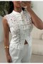 Women's White Stand Collar Lace Chinese Button Bohemian Embroidered Pinterest Vest Zero Sleeve Slim Fit Crop - 6