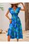 Women Short Sleeve Double Breasted Collar Elastic Waist Flower Print Dress - 3