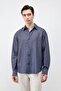 Navy Blue Linen Blended Striped Men's Shirt