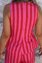Pink Red Striped Peplum Blouse Pants Set - 6