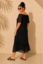 Women's Black Plus Size Madonna Collar Flounce Detailed Lined Chiffon Midi Dress - 6