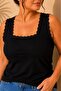 Women's Plus Size Square Neck Lace Detail Thick Strap Sleeveless Stretchy Ribbed Tank Top T-Shirt - 2