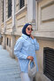 Women's Double Pocket Detail Hidden Button Self-Patterned Linen Shirt Blue - 4