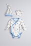 100% Cotton Set of 3 Baby Double Breasted Hat, Gloves and Bodysuit (Blue Balloon) - 2