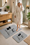 Non-Slip Base Washable 2-Piece Plain Gray Bath Mat and Toilet Set – Cat Pattern Bathroom Rug - 2