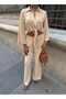 Women's Clothing Beige Ayrobin Long Sleeve Plain Tie-Up Double Set - 7