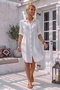White Shirt Collar 3/4 Sleeve Buttoned Pocket Casual Muslin Oversize Woven Dress 97 65