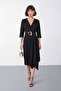 Women's Black Double-Breasted Collared Belted Midi Event Dress - 2