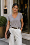 Women's Stone Viscose Front Back V-Neck T-Shirt Bat Sleeve Relaxed Blouse