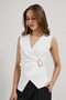 Women's Double Breasted Collar Buckle Blouse Sleeveless Asymmetrical Cut Stylish Office Casual White Blouse - 2