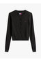 Women's Crew Neck Buttoned Cotton Cardigan - Black - 5
