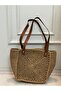 Handmade Wicker Shoulder Bag with Brown Leather Handles, Handmade Look, Large Beach and Casual Women's Bag - 7