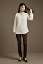 Elista Women's Ruffle Lace-Up Drop Collar Gathered Combed Cotton Jacquard Long Sleeve Blouse & Hijab Blouse - Ecru - 4