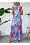 Women's Strappy Round Neck Pocketed Long Patterned Single Jersey Dress - 5