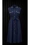 Navy Blue Natural Cotton Linen Belted Shirt Collar Midi Dress