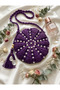Pearl Embellishment Detailed Round Macaron Straw Lilac Purple Color Bag / Handmade Bohemian Crossbody Bag - Hand Knitted Embroidered