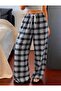 Plaid Patterned Lace-Up Relaxed Fit Wide-Leg Sweatpants / Pajama Bottoms