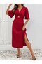 Women's Short Sleeve Front Wrap Detailed Side Slit Midi Sandy Dress
