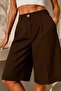 Pleated Buttoned Fabric Capri Shorts – Below Knee Length High Waist Stylish Women's Shorts My3534 - 2