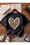 Girl's Back and Front Leopard Heart Printed Crew Neck Black T-Shirt - 2