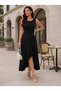 Women's Round Neck Front Ruffle Asymmetrical Detailed Midi Length Crepe Dress - 3