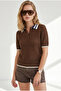Women's Brown Openwork Collar Color Detailed Knitwear Blouse Blz-19003438