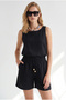 Women's Black Top Blouse with Bottom Pockets Shorts Muslin Set Tkm-19000412 - 2
