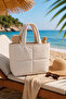 Quilted Water-Repellent Beach Bag Large Size Zippered Shoulder Bag with Large Internal Volume Cream