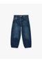Cotton Stitched Detail Pocketed Balloon Cut Denim Trousers for Girls - Medium Indigo