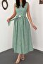 Women's Mint Midi Dress with Floral Embroidery, Belted, Gathered, Lined, A-Line - 3