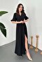 Women's Black Double-Breasted Collar Belted Balloon Sleeve Slit Muslin Maxi Dress - 2