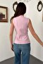 Women's Pink V-Neck Buttoned Waist-Fitted Vest with Fleto Pockets and Lining - 5