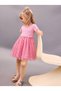 Girls' Pink Tulle Skirted Dress with Bowknot Pattern Short Sleeves – Birthday and Party Dress