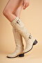Women's Genuine Leather Bellows Boots with Adjustable Buckle - Beige