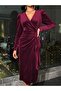 Women's Long Sleeve Double Breasted Collar Side Gathered Midi Velvet Dress - 4