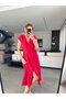 Women's V-Neck Button Detail Belt Included Dress - 4