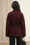 Women's Burgundy Belted Shawl Collar Oversize Low Shoulder Short Cashmere Coat Jacket - 3