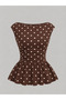 Brown Women's Polka Dot Boat Neck Ruffle Hem Blouse