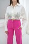 Women's Fuchsia High Waist Straight Cut Long Leg Trousers with Side Pockets - 2