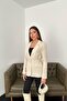 Women's Beige Jacket with Collar, Flap Pockets, Buckle Belt, Long Sleeves, Plain Woven - 2