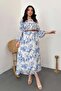 Women's Blue Floral Patterned Ribbed Shirt Collar Buttoned Long Sleeve Midi Dress - 2