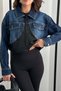 Women's Black Jacket with Denim Trim and Snap Buttons, Crop Shirt with Collar and Long Sleeves - 4