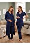 New Season Navy Blue Summer Lace Detailed Design Buttoned Short Sleeve Maternity Maternity Dressing Gown Pajama Set 3-Piece Set - 3