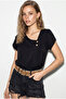 Women's Black Button Detailed Short Sleeve Comfortable Fit Blouse 60286443