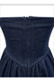 Women's Dark Indigo Strapless Corset Detailed Pleated Denim Dress - 4